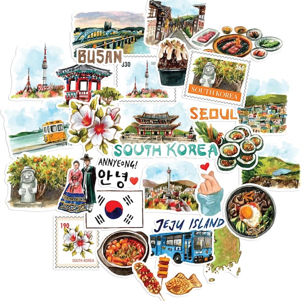 Navy Peony Scenic South Korea Travel Stickers (30pcs) - Watercolor, Waterproof, Seoul Vacation Decals for Journal, Scrapbook, Water Bottle