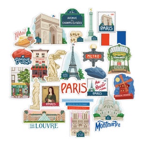 Navy Peony Passionate Paris City Travel Stickers (25 Pieces) - Gouache Style, France-Themed, Waterproof | Scrapbooks, Journals, Laptops