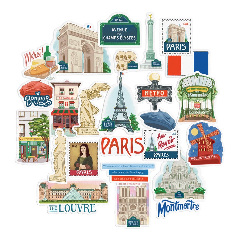 Pegatinas de viaje de París con peonías azul marino (25 unidades) - Estilo gouache, temática francesa, resistentes al agua, para álbumes de recortes, diarios y portátiles imagen 1