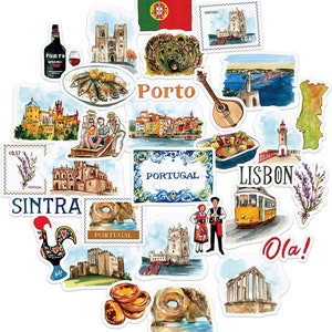 Stickers de voyage Portugal pittoresque pivoine bleu marine (31 pcs) - Thème pays | Stickers vacances pour journaux, albums de coupures, bouteilles d'eau, valise