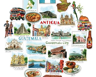 Navy Peony Mystical Guatemala Travel Stickers (28pcs) - Hand-Illustrated, Antigua, Mayan-Themed Vacation Decals for Journals, Scrapbooks