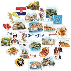 Adesivos de viagem cativantes com peônia azul-marinho para a Croácia (31 peças) - Tema country | Adesivos de férias icônicos para álbuns de recortes, garrafas e malas