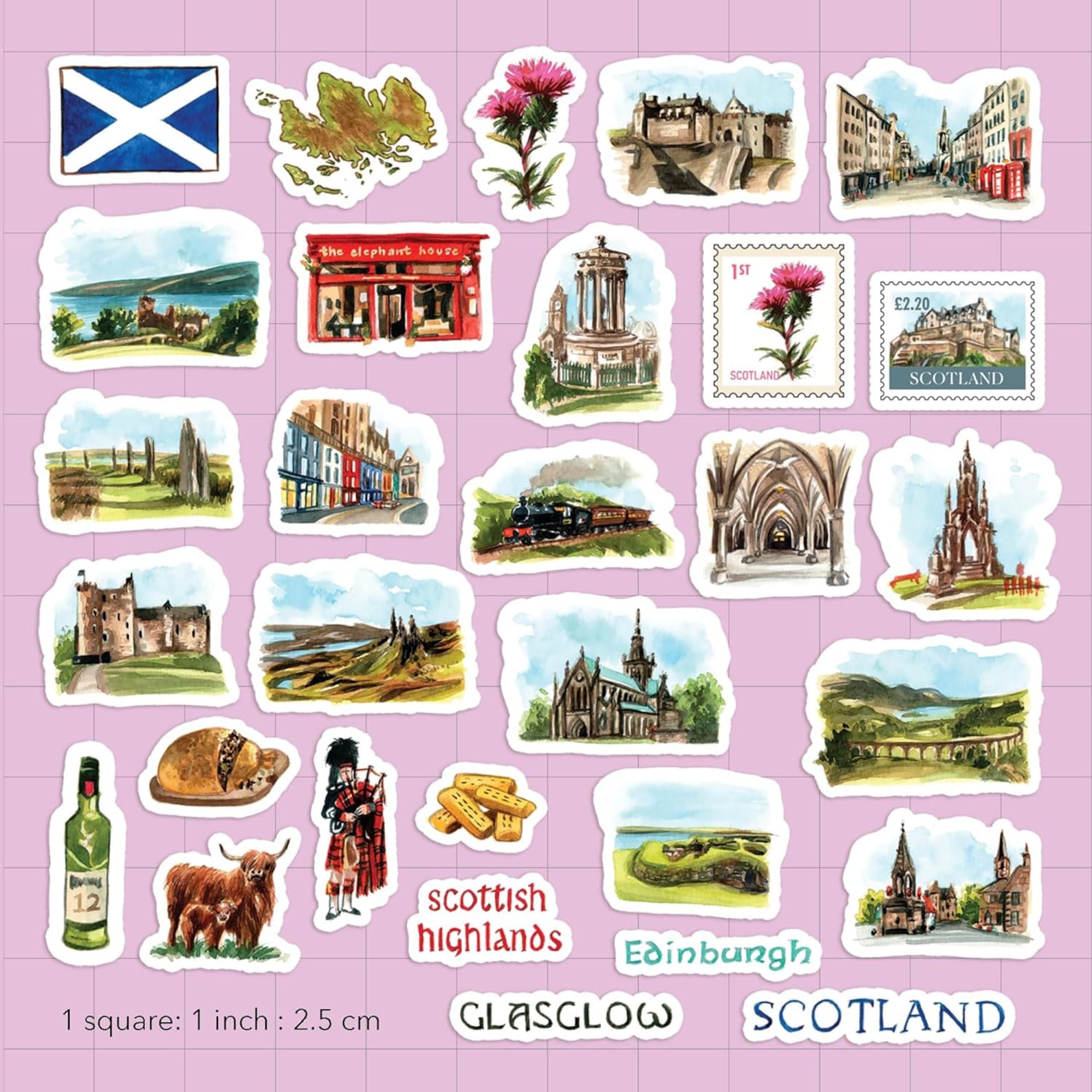 Navy Peony Spectacular Scotland Travel Stickers (31pcs) - Watercolor ...