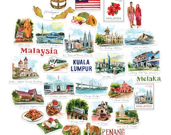 Navy Peony Cultural Malaysia Travel Stickers (32pcs) - Watercolor, Waterproof, Vacation Decals for Journals, Scrapbooks, Luggage