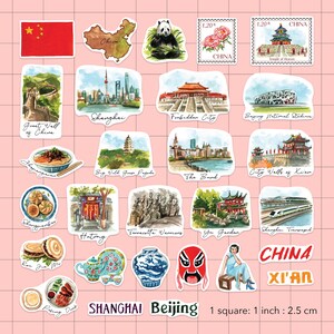 May include: A set of 20 watercolor stickers featuring iconic landmarks and symbols of China. The stickers include images of the Great Wall, the Forbidden City, the Bund, the Terracotta Warriors, the Shanghai skyline, and more. The stickers are perfect for adding a touch of Chinese culture to your journals, planners, laptops, and other belongings. Each sticker measures 1 inch square.