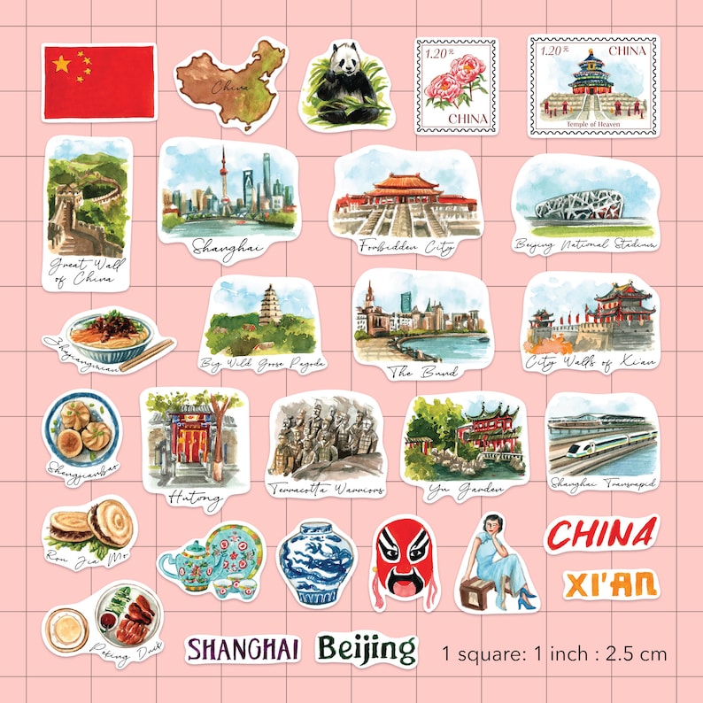 May include: A set of 20 watercolor stickers featuring iconic landmarks and symbols of China. The stickers include images of the Great Wall, the Forbidden City, the Bund, the Terracotta Warriors, the Shanghai skyline, and more. The stickers are perfect for adding a touch of Chinese culture to your journals, planners, laptops, and other belongings. Each sticker measures 1 inch square.