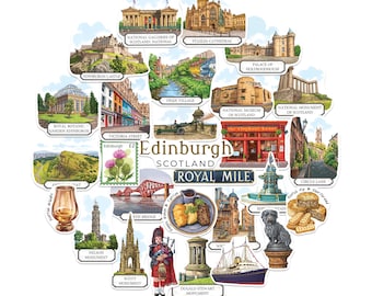 Navy Peony Enchanted Edinburgh Travel Stickers (28pcs) - Hand-Illustrated, Gouache, Scottish City-Themed Stickers for Scrapbooks, Journals