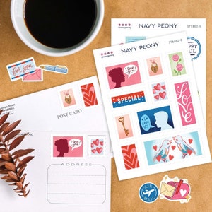 Navy Peony Happy Mail Stickers (8 Sheets, 130+ Small Stickers) - A6 Size, Waterproof, Postcrossing Stickers for Letters, Envelopes