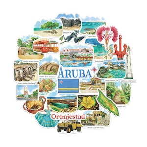 Navy Peony Relaxing Aruba Travel Stickers (28pcs)-Watercolor, Caribbean, Oranjestad, Aruban-Themed Vacation Stickers for Scrapbooks, Journal