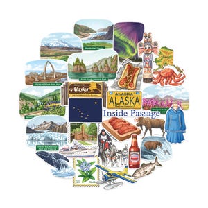 Marine Peony Wilderness Alaska State Travel Stickers (28 stuks) - stickers met aquarel, Sitka, Alaska, Amerika-thema voor scrapbooking, tijdschriften