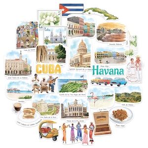 Navy Peony Rhythmic Cuba Travel Stickers (28pcs)-Watercolor, Caribbean, Havana, Cuban Vacation Stickers for Scrapbooks, Journals, Laptop