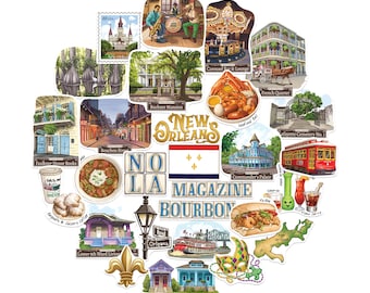 Pegatinas de viaje de Nueva Orleans con temática de peonía azul marino (28 unidades) - Pegatinas de vacaciones con temática de Nueva Orleans, Nueva Orleans, Estados Unidos, para álbumes de recortes, diarios y equipaje