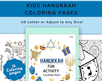 May include: A set of 15 printable coloring pages featuring Hanukkah themes. The pages include illustrations of menorahs, dreidels, and other Hanukkah symbols. The text "Hanukkah Fun Activity Coloring Pages" is featured on the cover.