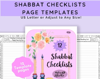 Puede incluir: Plantilla de lista de verificación de Shabat rosa con detalles florales, velas y pan de jalá. El texto dice "Listas de verificación de Shabat" y "12 páginas de plantilla". El diseño es para tamaño US Letter.