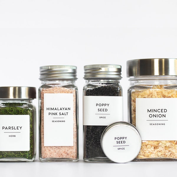 Minimalist Spice Labels Set •  20-100 Set + Custom Labels available • Water Resistant • Different Sizes • Kitchen Storage Organization