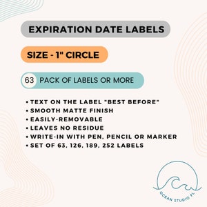 May include: A set of 63, 126, 189, or 252 1-inch round labels with a smooth matte finish. The labels are easily removable and leave no residue. The text on the labels reads "Best Before". The labels are designed to be written on with a pen, pencil, or marker.