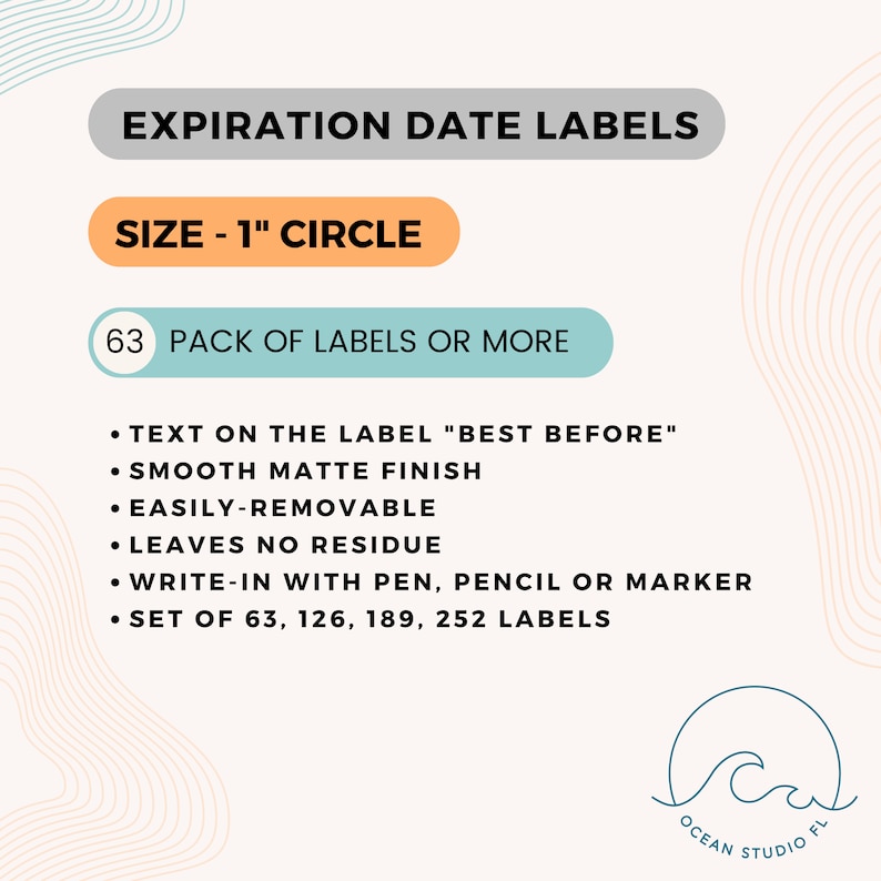 May include: A set of 63, 126, 189, or 252 1-inch round labels with a smooth matte finish. The labels are easily removable and leave no residue. The text on the labels reads "Best Before". The labels are designed to be written on with a pen, pencil, or marker.