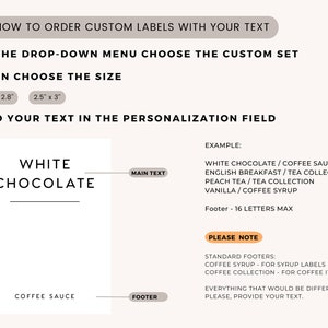 Pu&ograve; includere: Una guida su come ordinare etichette personalizzate con il tuo testo. L'immagine mostra un'etichetta bianca con il testo "WHITE CHOCOLATE" e "COFFEE SAUCE" in testo nero. I testi "MAIN TEXT" e "FOOTER" sono in riquadri a destra dell'etichetta. L'immagine include anche istruzioni su come ordinare etichette personalizzate, tra cui la scelta della dimensione e l'aggiunta del tuo testo nel campo di personalizzazione. Viene mostrato un esempio di etichetta con il testo "WHITE CHOCOLATE/COFFEE SAUCE, ENGLISH BREAKFAST/TEA COLLECTION, PEACH TEA/TEA COLLECTION, VANILLA/COFFEE SYRUP". Il testo "Footer - 16 LETTERS MAX" &egrave; sotto l'esempio di etichetta. Un riquadro "PLEASE NOTE" contiene informazioni sui pi&egrave; di pagina standard per le etichette di sciroppo di caff&egrave; e di collezione di caff&egrave;.