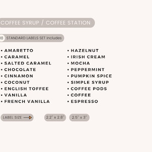 Pu&ograve; includere: Un set di etichette stampabili bianco e grigio per sciroppi di caff&egrave;. Il set di etichette include 18 gusti diversi, tra cui amaretto, caramello, nocciola, crema irlandese e moka. Le etichette sono disponibili in due dimensioni: 2,2 pollici per 2,8 pollici e 2,5 pollici per 3 pollici.