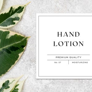 May include: White square label with black text that reads "HAND LOTION" and "PREMIUM QUALITY". Below the text is "No. 07" and "MOISTURIZING".