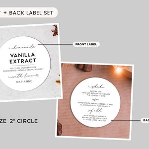 May include: A set of two circular 2-inch white labels for vanilla extract. The front label reads Homemade Vanilla Extract, bottled October 2023, ingredients vanilla beans, whiskey, with love, Marianne. The back label includes instructions to shake, use, and refill.