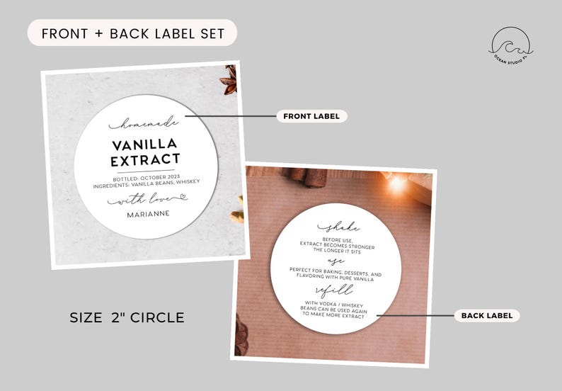 May include: A set of two circular 2-inch white labels for vanilla extract. The front label reads Homemade Vanilla Extract, bottled October 2023, ingredients vanilla beans, whiskey, with love, Marianne. The back label includes instructions to shake, use, and refill.