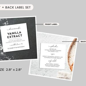 May include: A set of two square white labels for vanilla extract, measuring 2.8 inches by 2.8 inches. The front label features the text Vanilla Extract, bottled date, ingredients, and names. The back label includes instructions to shake, age, and refill.