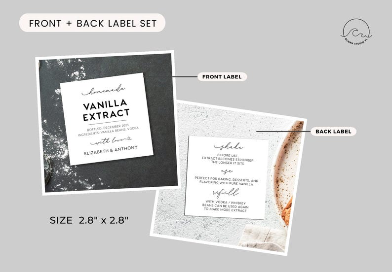 May include: A set of two square white labels for vanilla extract, measuring 2.8 inches by 2.8 inches. The front label features the text Vanilla Extract, bottled date, ingredients, and names. The back label includes instructions to shake, age, and refill.