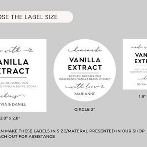 May include: Three white vanilla extract labels in square and circular shapes with black text. The labels feature the text "made with", "VANILLA EXTRACT", "BOTTLED", "INGREDIENTS", "cheers", and names. Sizes include 2.8" x 2.8", 2" circle, and 1.8" x 1.8".