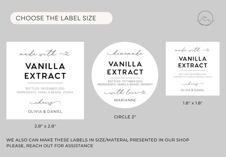 May include: Three white vanilla extract labels in square and circular shapes with black text. The labels feature the text "made with", "VANILLA EXTRACT", "BOTTLED", "INGREDIENTS", "cheers", and names. Sizes include 2.8" x 2.8", 2" circle, and 1.8" x 1.8".