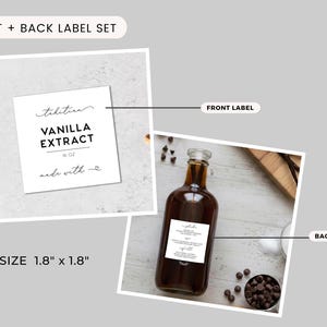 May include: A front and back label set for a 1.8 inch by 1.8 inch square sticker. The front label features the text Tahitian Vanilla Extract 16 oz made with love. The back label is shown applied to a glass bottle filled with dark liquid.