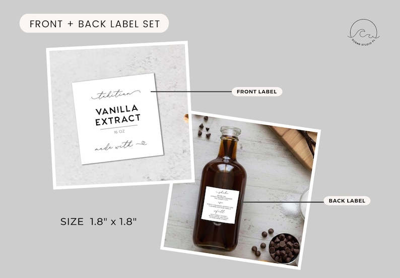 May include: A front and back label set for a 1.8 inch by 1.8 inch square sticker. The front label features the text Tahitian Vanilla Extract 16 oz made with love. The back label is shown applied to a glass bottle filled with dark liquid.