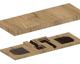 May include: A wooden box with a lid, the box is open and the inside is divided into compartments. The box is made of light brown wood and has a dark brown stain on the inside.