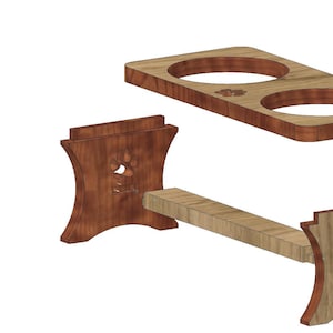 May include: A wooden pet food stand with two bowls. The stand is made of two separate pieces, a base with two legs and a top with two bowls. The base and top are both decorated with a paw print.