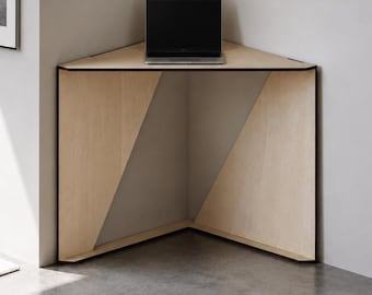 Laser Cut Poplar Plywood Compact Corner Desk, Minimalist Italian Workstation, Small Space Laptop Table