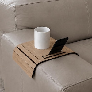 Original Italian Oak Wood Sofa Arm Tray with Phone Holder