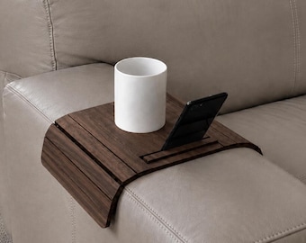 Dark Walnut Modern Couch Tray, Handmade Armrest Tray Table with Phone Stand