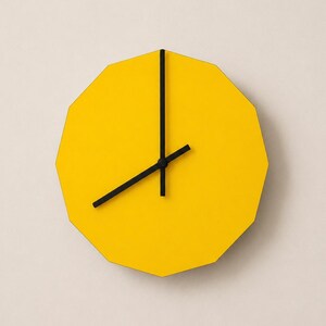 Yellow Dodecagon Clock, Geometric Wooden Minimalist Wall Timepiece, 9 Inch