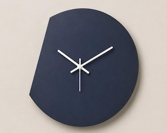 Blue Asymmetric Clock, Silent Wooden Minimalist Wall Timepiece, Modern Home Decor, 15 Inch