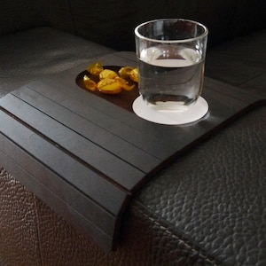 Flexible Wenge Wooden Sofa Arm Table Sleek Folding Over Couch Tray Snacks Coaster Holder Compact Living Room Organizer Modern Side Furniture