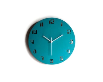 10 Inch Turquoise Wood Geek Retro Clock with Numbers Silent: Nerd Digital Decor