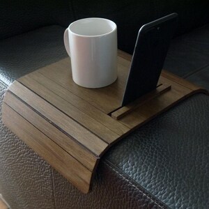 Original Italian Oak Wood Sofa Arm Tray with Phone Holder