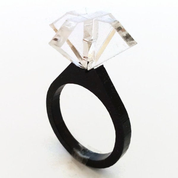 Large Laser Cut Acrylic Diamond Solitaire Ring with Unique Italian Design Modern Minimalist Stone Jewelry for Women