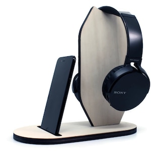 Wood Headphone Stand with Phone Holder - Perfect for Gamers and PC Gaming Enthusiasts - Stylish Desk Accessory for Organization and Display