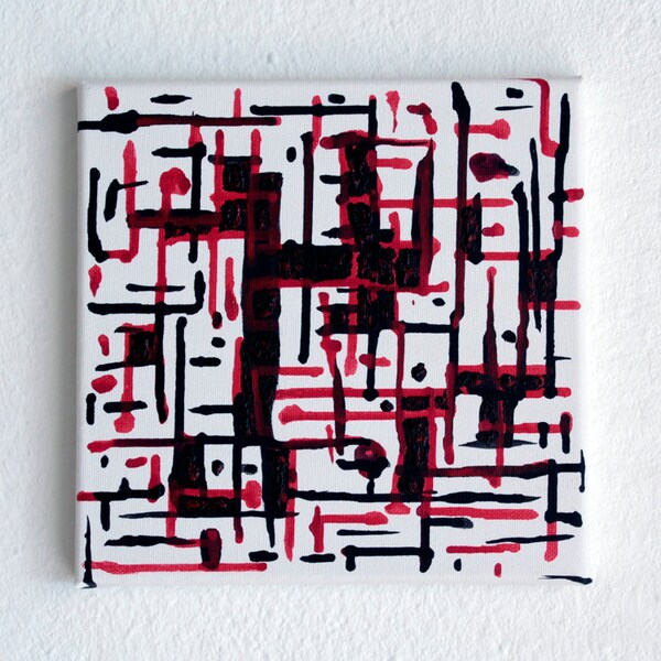 Art italien moderne : petite peinture abstraite peinte à la main sur toile carrée, éruption du Vésuve en noir et rouge pour le salon