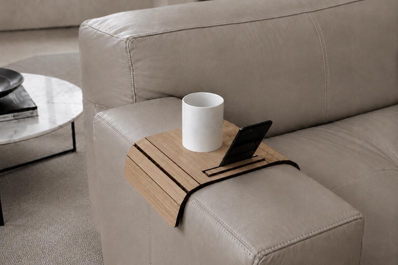 Original Italian Oak Wood Sofa Arm Tray with Phone Holder