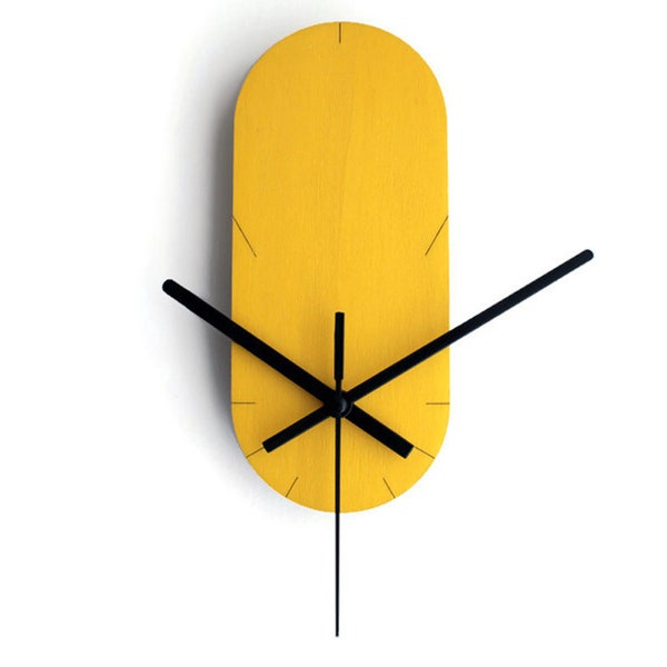 Très petite horloge murale jaune silencieuse pour le salon – horloges murales modernes en bois sans tic-tac avec encoches