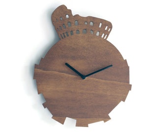 11" Silent Laser Cut Wood Wall Clock Dark Walnut with Coliseum of Rome Shape Frameless Italian Design Clocks for Home Decor
