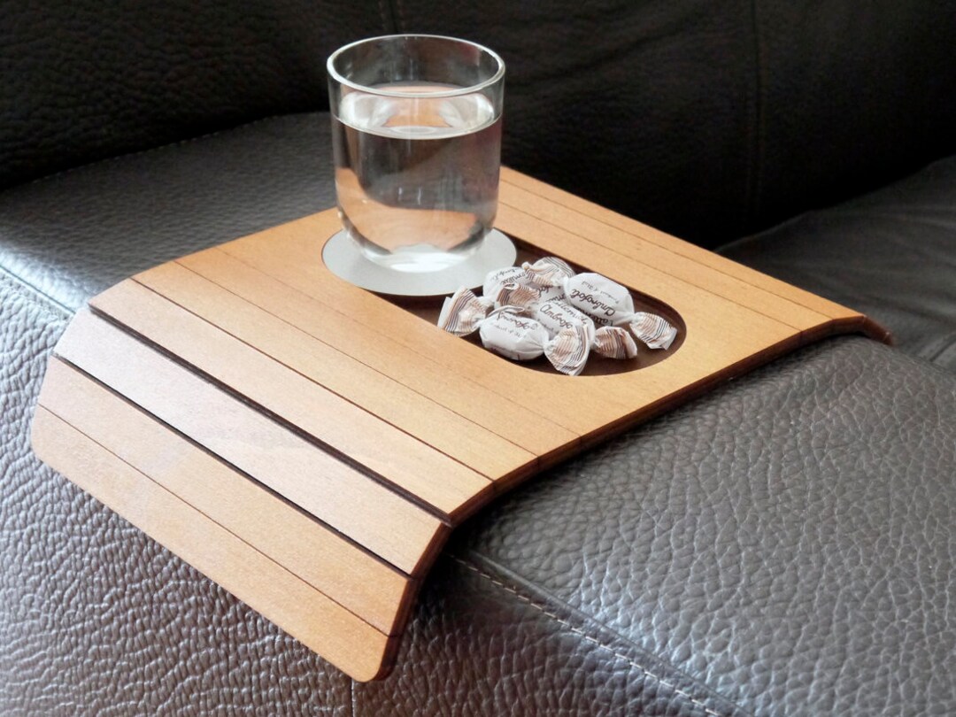 Flexible Wooden Sofa Table With Coaster and Snacks Holder for Armrest Walnut, Slinky Over the