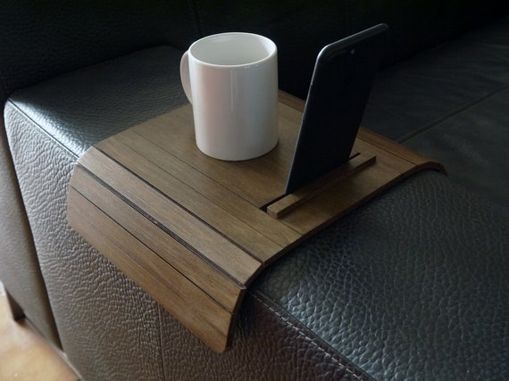 Wooden Flexible Dark Walnut Sofa Armrest Table With Smartphone Wooden Flexible Dark Walnut Sofa, Sofa Armrest Table